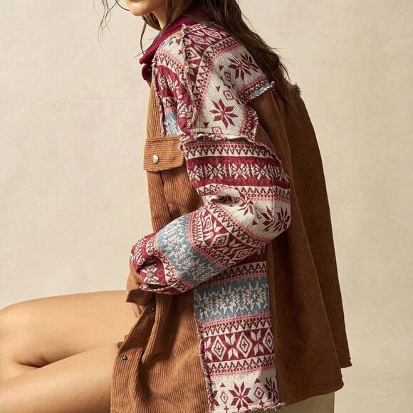 Multicolor Casual Women's Patchwork Corduroy Music Festival Blouse - Picture 7 of 8